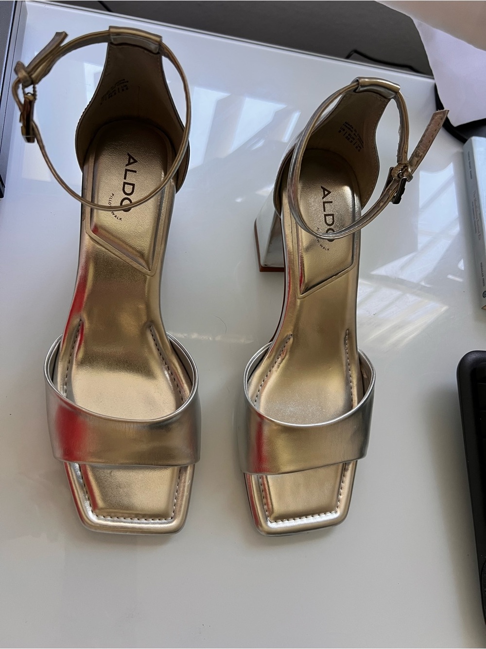ALDO Silver Metallic Ankle-Strap Block Heel Sandals